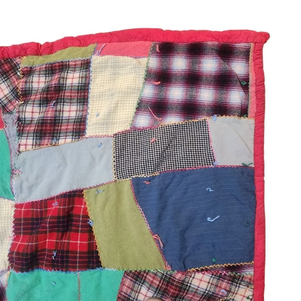 Vintage Handmade Patchwork Crazy Quilt Camp Blanket Wool Blend 78x62 Red Blue